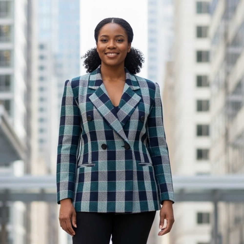 Ganni Teal and Navy Plaid Double-Breasted Blazer